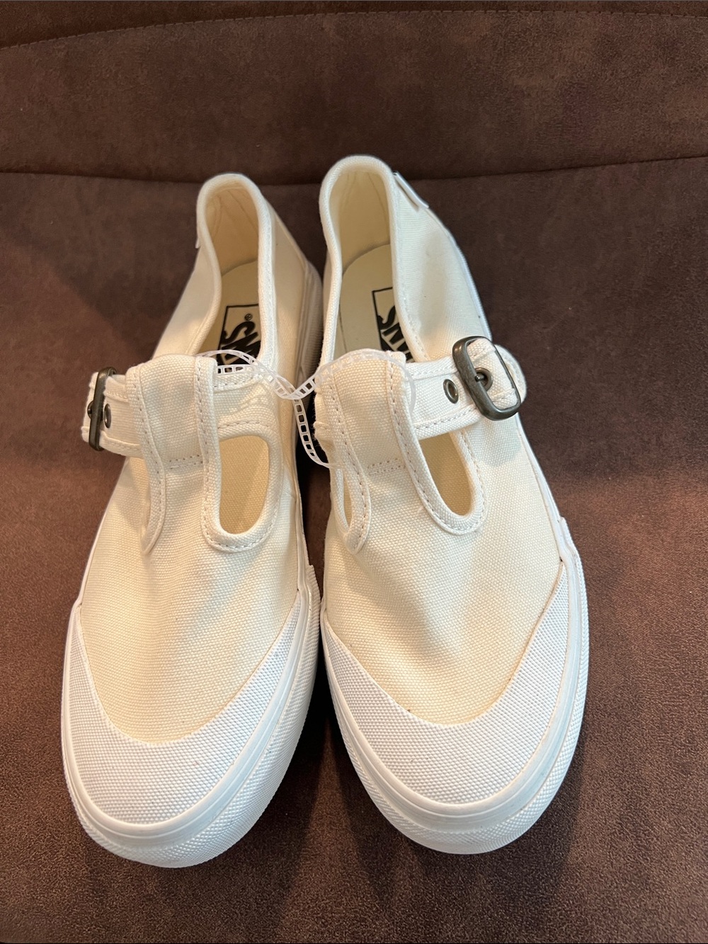 Vans Kids White Canvas T-Strap Sneakers with Buckle